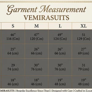 Puede incluir: Tabla de medidas de prendas de VEMIRASUITS, tallas XS a 3XL. Medidas: contorno de pecho (112cm a 137cm), largo de manga (64cm a 69cm), largo de prenda (74cm a 79cm) y ancho de hombros (43cm a 51cm).