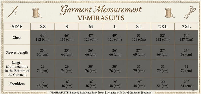 Puede incluir: Tabla de medidas de prendas de VEMIRASUITS, tallas XS a 3XL. Medidas: contorno de pecho (112cm a 137cm), largo de manga (64cm a 69cm), largo de prenda (74cm a 79cm) y ancho de hombros (43cm a 51cm).