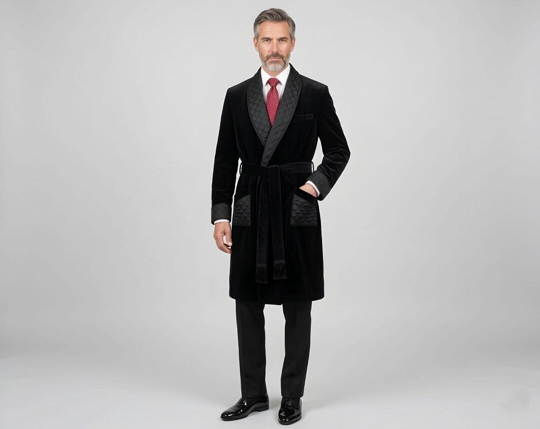 Men's Smoking Robe Men’s Black Velvet Smoking Robe | Quilted Shawl Collar Gentleman Lounge ...