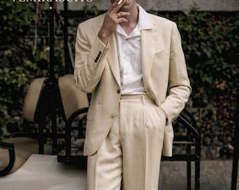 Mens Ivory Linen Suit, Vintage Summer Suit for Men, Old Money Wedding Suit, Beige Groom Linen Suit, Relaxed Tailored Suit, VEMIRASUITS