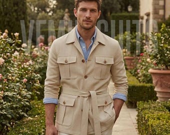 The Desert Explorer Safari Jacket: Natural Linen Belted Field Coat