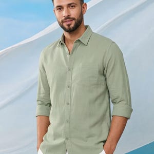 Men's Sage Green Linen Shirt | Lightweight Breathable Beach Resort Wear