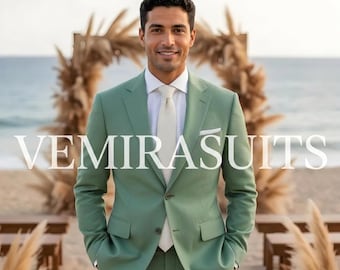 The Seaside Sage Suit: Men's Light Green Linen Destination Wedding Attire VEMIRASUITS