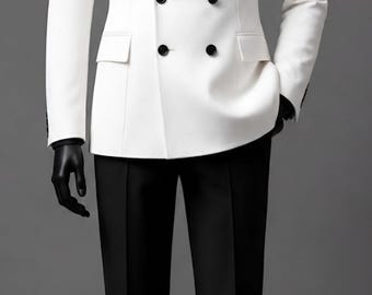 Mens White Double Breasted Suit, Black and White Wedding Suit, Luxury Groom Tuxedo, Formal Reception Suit, Modern Designer Suit, VEMIRASUITS