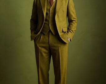 Vintage Inspired Olive Green Linen Suit - Three Piece Gentleman's Formal Attire VEMIRASUITS