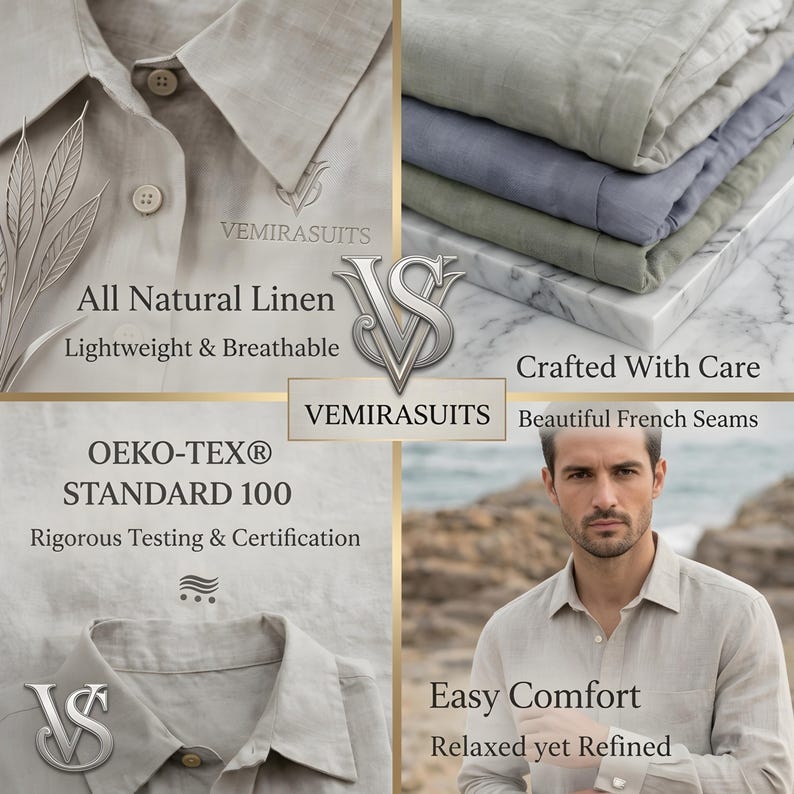 Puede incluir: Un anuncio de ropa de lino VEMIRASUITS. La imagen presenta a un hombre con una camisa de lino beige claro, junto con pilas de tela de lino doblada en varios colores. El texto destaca "All Natural Linen", "Lightweight & Breathable" y "Easy Comfort".