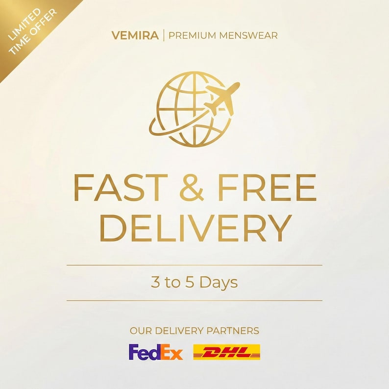 Puede incluir: Gr&aacute;fico dorado sobre fondo crema. El texto dice "Vemira Premium Menswear" y "Entrega r&aacute;pida y gratuita". Un globo terr&aacute;queo con un avi&oacute;n orbitando est&aacute; encima del texto. La imagen tambi&eacute;n indica "3 a 5 d&iacute;as" y enumera FedEx y DHL.