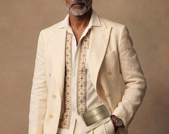 Mens Ivory Linen Wedding Suit, Embroidered Linen Suit for Men, Groom Reception Suit, Beach Wedding Suit, Old Money Summer Suit, VEMIRASUITS