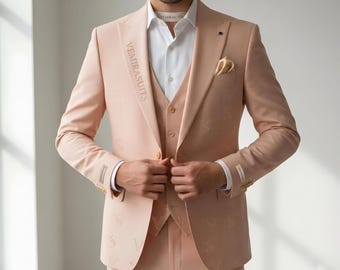 The Sunset Rose 3-Piece Suit: Peach Linen Destination Wedding Attire