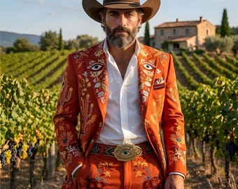 Mens Orange Embroidered Style Suit, Floral Printed Designer Suit for Men, Statement Wedding Suit, Luxury Pattern Suit, Bold Groom Outfit