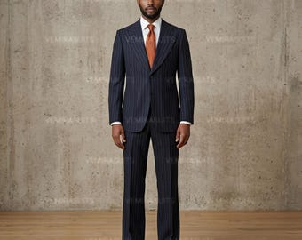 Mens Navy Pinstripe 3 Piece Suit | Vintage Gangster Suit | 1920s Style Suit | Wedding Groom Suit | Slim Fit Formal Suit | VEMIRASUITS