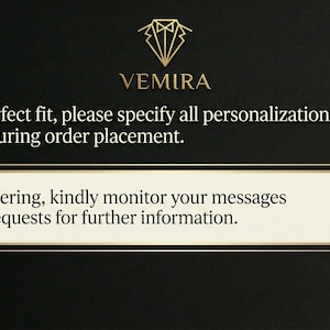 May include: Image features the VEMIRA logo and text advising to specify personalization details during order placement. It also asks to monitor messages for further information. A man in a gray suit is shown.