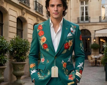 Mens Green Embroidered Style Suit, Floral Printed Designer Suit for Men, Luxury Wedding Suit, Statement Groom Outfit, Artistic Suit, VEMIRA