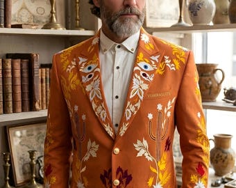 Mens Rust Orange Embroidered Style Suit, Luxury Printed Designer Suit for Men, Artistic Wedding Suit,Statement Groom Outfit,Vintage Inspired