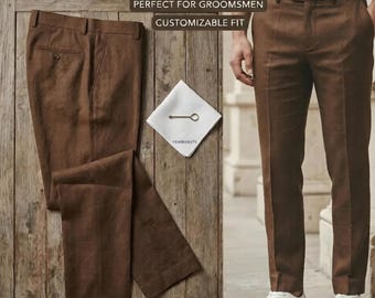 Brown Linen Trousers for Groomsmen - Custom Fit Wedding Pants - Men's Separate Dress Pants - Tobacco Brown Linen Suit Trousers - VEMIRASUITS