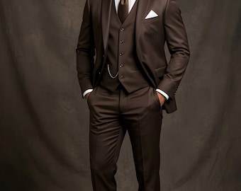 Traje de tres piezas para hombre color marrón chocolate / Traje clásico ajustado para novio en boda