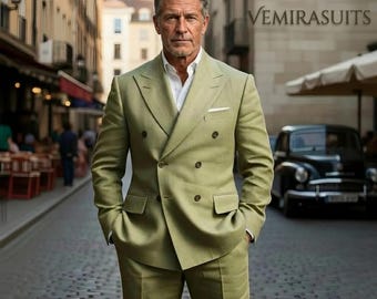 VEMIRASUITS Double Breasted Linen Suit for Men | Light Green Summer Two Piece | Prom, Beach Wedding Guest, Smart Casual Wear