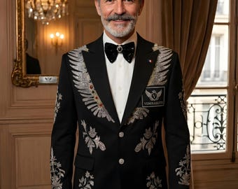 Mens Black Embroidered Style Tuxedo Suit, Luxury Printed Designer Suit for Men, Formal Wedding Suit, Statement Groom Outfit, Royal Evening