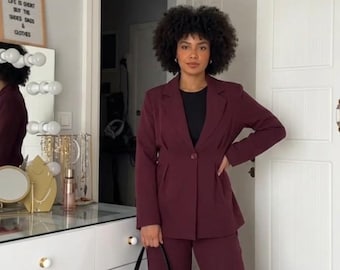 Women’s Burgundy Power Suit, Oversized Blazer Set, Wide Leg Pants Suit, Old Money Aesthetic, Minimalist Co Ord Set, Quiet Luxury Outfit