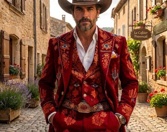 Mens Red Embroidered Style Suit, Luxury Printed Designer Suit for Men, Statement Wedding Suit, Bold Groom Outfit, Artistic Formal Suit,