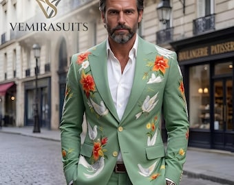 Mens Green Embroidered Style Suit, Floral Bird Printed Designer Suit for Men, Luxury Statement Suit, Wedding Reception Suit, Artistic Suit,