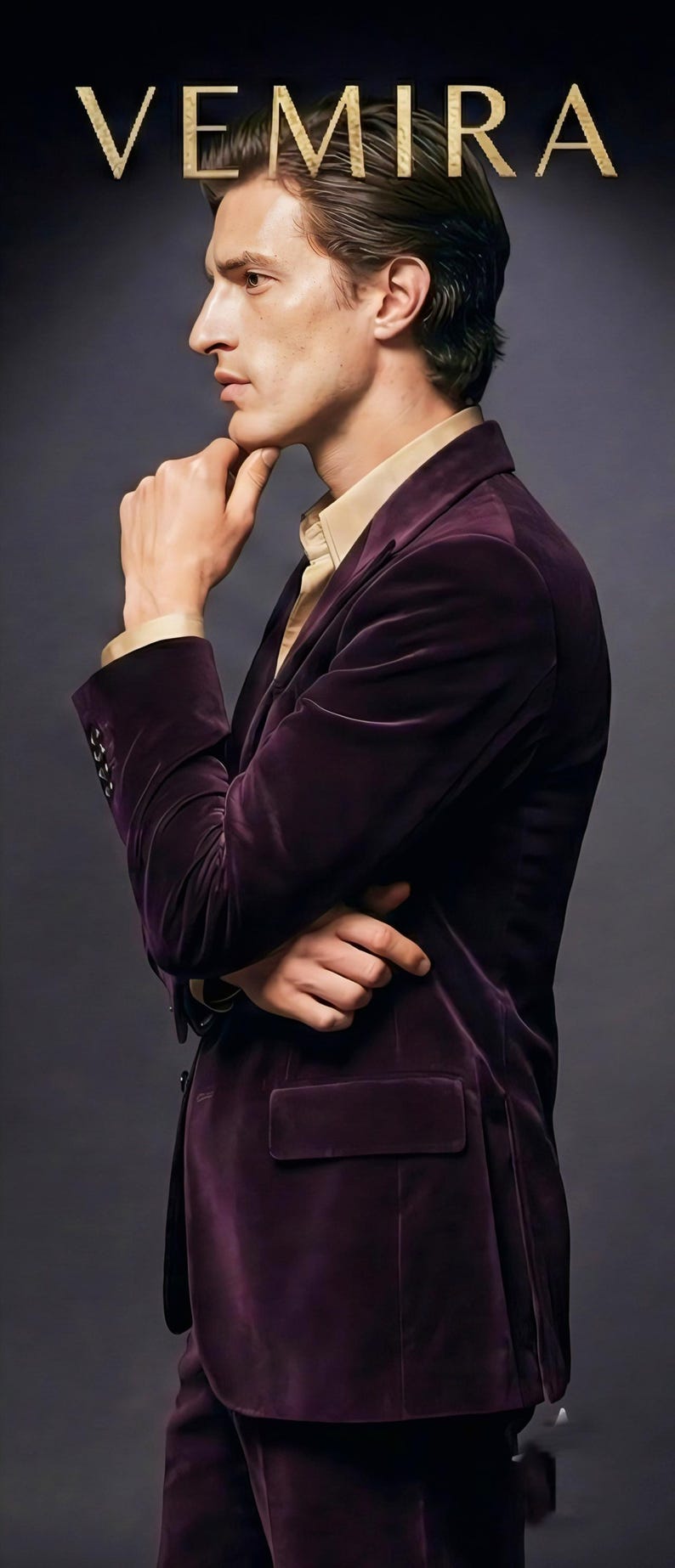 May include: A man in a deep purple velvet blazer with a gold-colored shirt underneath. The word "VEMIRA" is displayed in gold letters at the top of the image. The man is in a thoughtful pose.