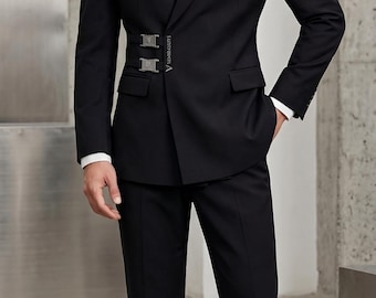 Mens Black Double Breasted Suit, Modern Designer Suit for Men, Luxury Tailored Formal Suit, Statement Buckle Blazer, VEMIRASUITS