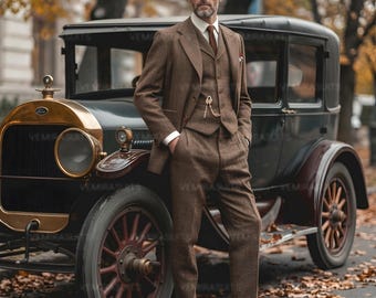 May include: A brown tweed suit, hat, and shoes, posing beside a vintage black car with gold detailing. The suit comprises a waistcoat, jacket, and trousers. The car features red wooden spoke wheels.