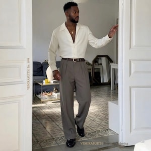 cream dress pants mens Tailored White Linen Mens Dress Pants – Ike Behar main image 1