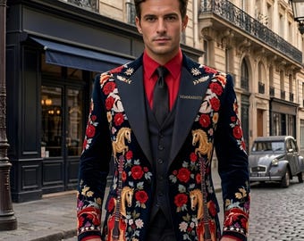 Mens Black Embroidered Style Suit with Red Floral Design, Luxury Printed Designer Suit for Men, Statement Wedding Suit,Artistic Groom Outfit