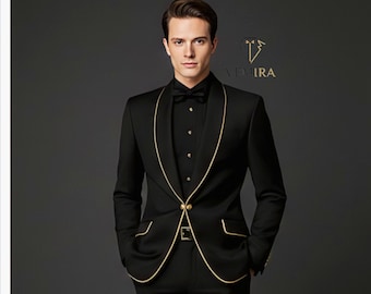 Men's Black Tuxedo Suit with Gold Piping | Royal Reception Outfit