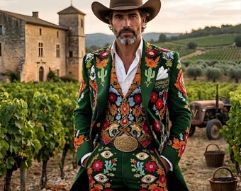 Mens Embroidered Style Suit, Floral Printed Wedding Suit for Men, Statement Green Suit, Designer Groom Suit, Luxury Pattern Suit, VEMIRASUIT