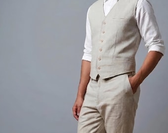 VEMIRA Men’s Linen 2-Piece Suit-Slim Fit Vest & Wide Leg Trousers - Premium Summer Wedding Outfit, Boho Groom Suit, Lightweight Formal Wear