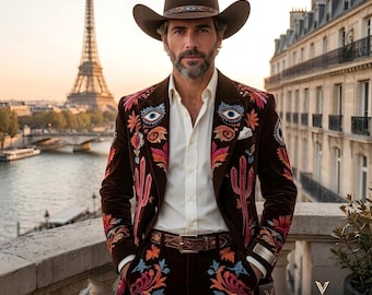 Mens Velvet Style Brown Embroidered Suit, Luxury Printed Designer Suit for Men, Statement Wedding Suit, Artistic Groom Outfit, Premium