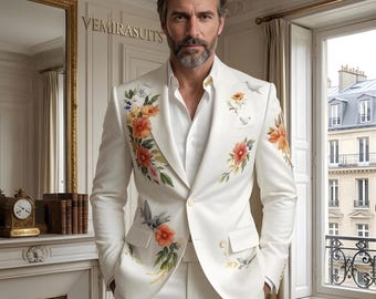 Mens Ivory Embroidered Style Suit, Floral Printed Wedding Suit for Men, Luxury Groom Suit, Designer Statement Suit, Elegant Reception Suit,