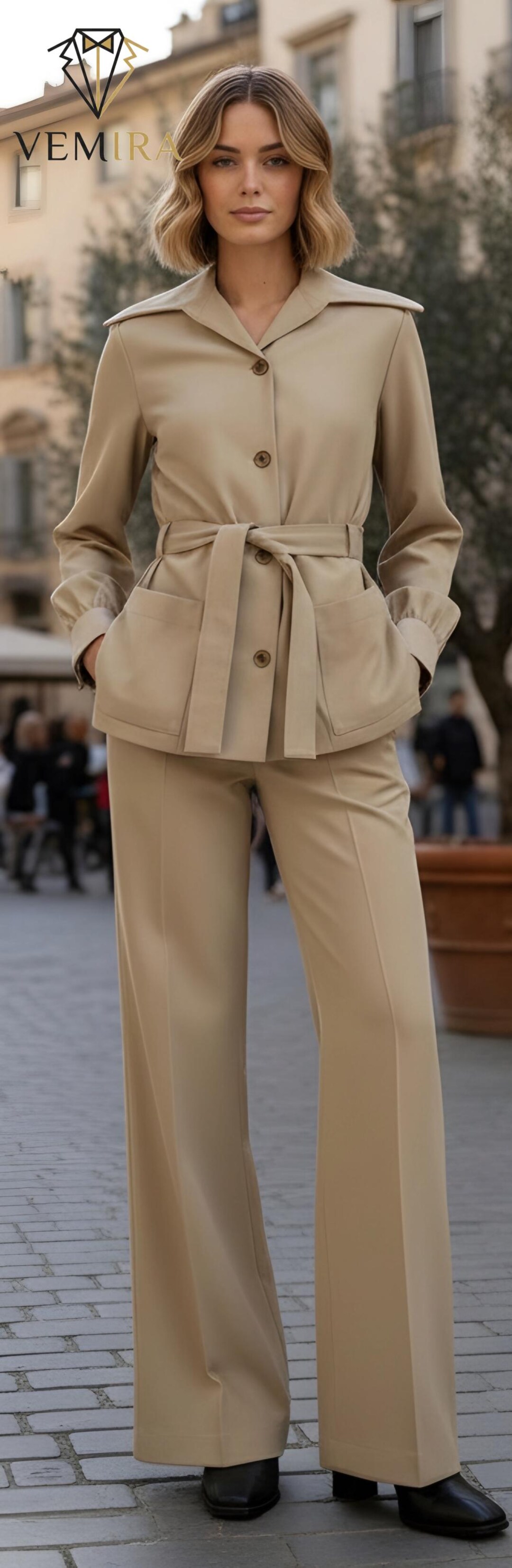Women’s Beige Power Suit | Neutral Blazer & Wide Leg Pants | Old Money ...
