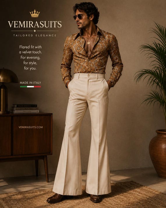 Men's Cream Bell Bottom Pants, 70s Retro Flare Trousers, Custom Tailored Vintage Style