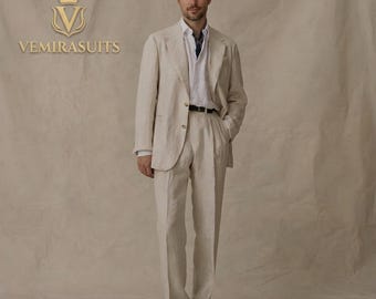 Mens Beige Linen Suit, Relaxed Fit Summer Suit for Men, Old Money Wedding Suit, Casual Groom Linen Suit, Vintage Tailored Suit, VEMIRASUITS