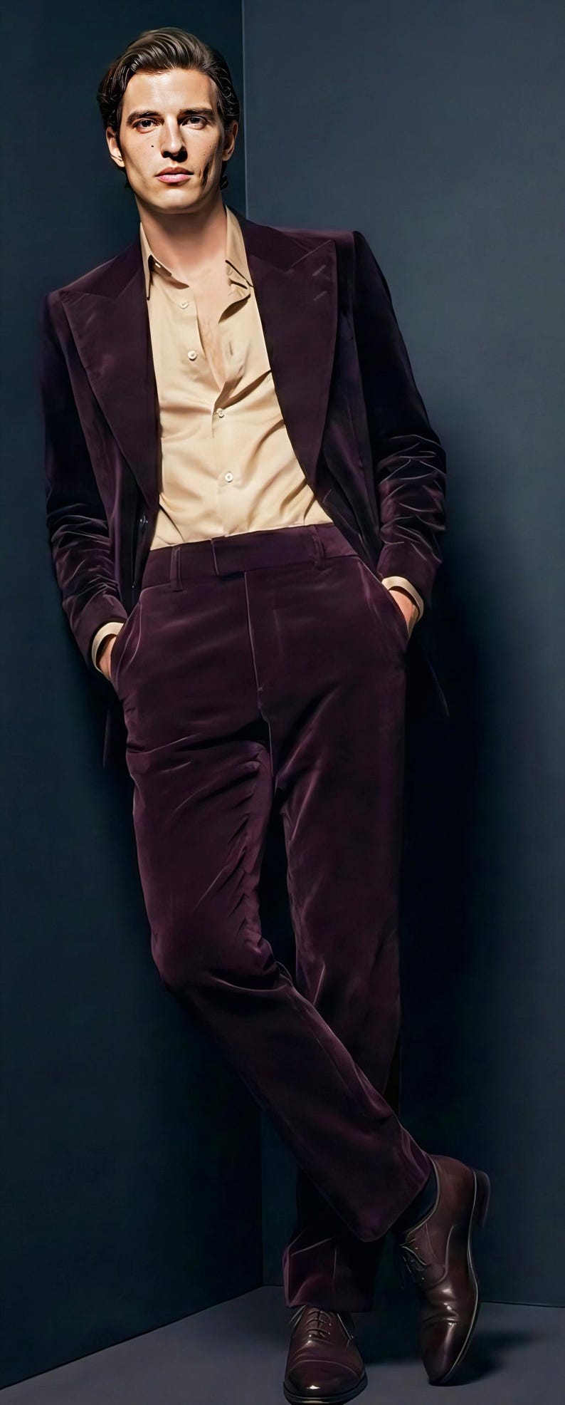 May include: A burgundy velvet suit, consisting of a blazer and trousers, paired with a light tan button-down shirt. The suit is a deep, rich color, and the outfit is completed with brown leather dress shoes.