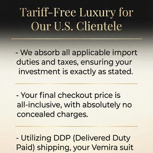 May include: Image with the text "VEMIRA | PREMIUM MENSWEAR" and "Tariff-Free Luxury for Our U.S. Clientele." Additional text states that import duties and taxes are absorbed, the final price is all-inclusive, and DDP shipping is utilized.