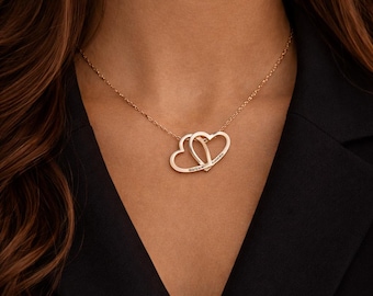 Collar de doble corazón personalizado, collar con dos nombres, colgante de corazón minimalista, regalo para ella, regalo para mamá, regalo de aniversario