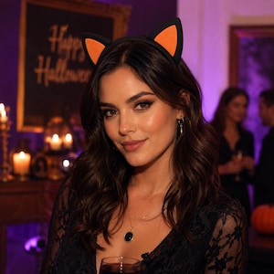 May include: A black headband featuring two upright cat ears with bright orange inner accents. The headband is worn on the head, showcasing a sleek black frame that contrasts with the vibrant orange color of the inner ear sections.