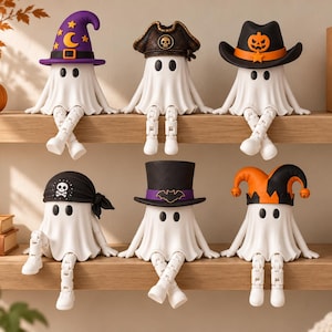 May include: Six white ghost figurines with articulated legs sitting on shelves. Each ghost wears a different hat: a purple wizard hat, a pirate hat, a black cowboy hat with a pumpkin, a black bandana, a black top hat, and an orange jester hat.