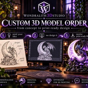 May include: A digital display showing a custom 3D model order process from Wondralith 3D Studio. The graphic features a hand-drawn sketch of a dragon on a moon, a computer screen rendering the 3D model, and a finished purple glowing dragon lamp.