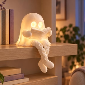 May include: A white, ghost-shaped lamp with a smooth, matte finish, featuring two circular cutouts for eyes and a book held in its hands. The ghost has articulated, dangling legs and emits a warm, soft glow from within its hollow body.