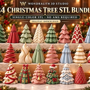 May include: A digital download bundle of 24 Christmas tree STL files featuring various geometric, textured, and decorated designs in red, green, pink, blue, and cream colors, displayed on tiered marble shelves with text Wondralith 3D Studio.