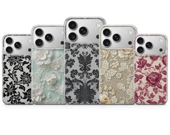 Funda de teléfono con encaje vintage y diseño elegante para iPhone 17 Pro Max, 16e, 15, 14, 13 y Samsung S25 Ultra, S24 FE, A56, A16, Pixel 10 XL, 9a, 8, 7