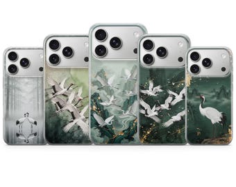 Funda con diseño de grúa verde esmeralda y arte chino para iPhone 17 Pro Max, 16e, 15, 14, 13 y Samsung S26 Ultra, S25, S24 FE, A56, A16, Pixel 10 XL, 9a, 8 y 7