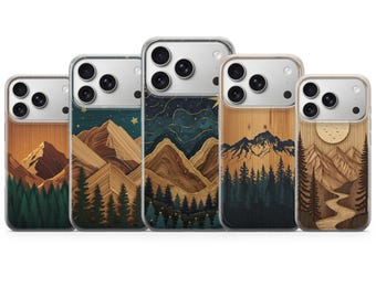 Funda de teléfono con diseño de montañas de madera y árboles para iPhone 17 Pro Max, 16e, 15, 14, 13 y Samsung S25 Ultra, S24 FE, A56, A16, Pixel 10, XL, 9a, 8, 7