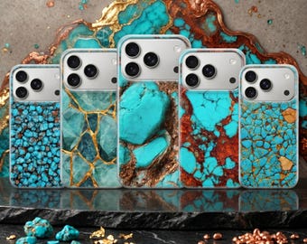 Funda para teléfono color turquesa con diseño de mármol verde azulado para iPhone 17 Pro Max, 16e, 15, 14, 13, Samsung S26 Ultra, S25, S24 FE, A56, A16, Pixel 10 XL, 9a, 8